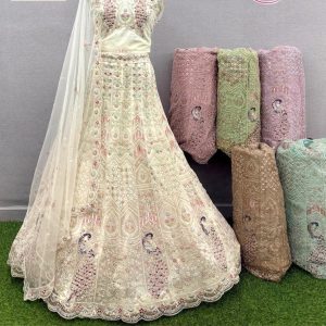 Purnima Sarees Premium Embroidered Cream Lehenga with Peacock Motif & Net Dupatta