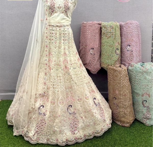Purnima Sarees Premium Embroidered Cream Lehenga with Peacock Motif & Net Dupatta