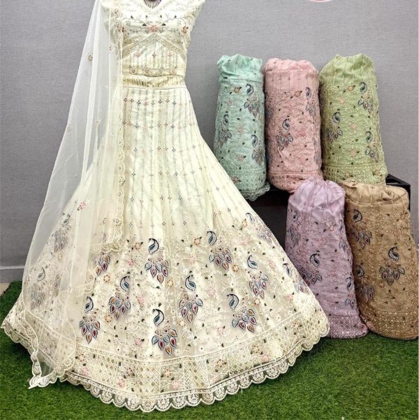 Purnima Sarees Designer Cream Lehenga with Multicolor Feather Motifs & Embroidered Net Dupatta
