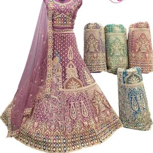 Purnima Sarees Embroidered Mauve Lehenga with Royal Peacock Motif & Mirror Work Dupatta