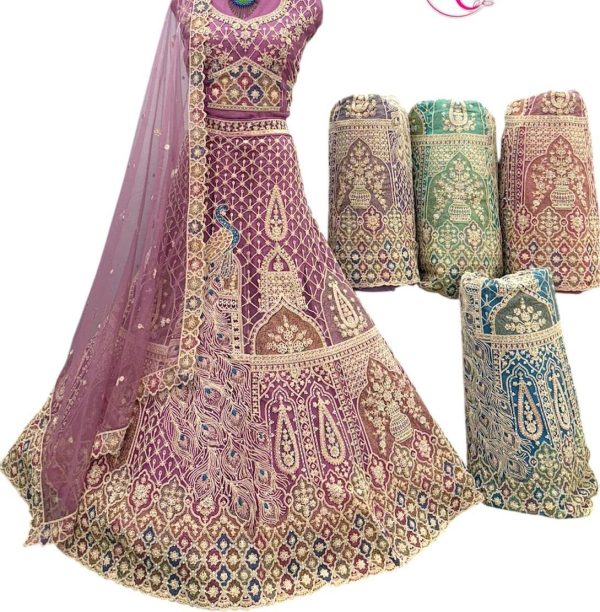 Purnima Sarees Embroidered Mauve Lehenga with Royal Peacock Motif & Mirror Work Dupatta