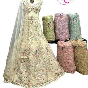 Purnima Sarees Pastel Cream Lehenga with 3D Floral Embroidery & Majestic Peacock Motifs