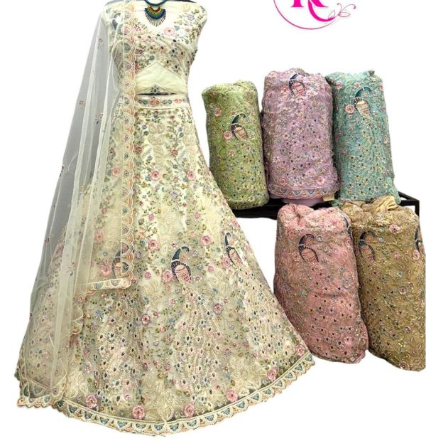 Purnima Sarees Pastel Cream Lehenga with 3D Floral Embroidery & Majestic Peacock Motifs