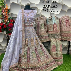 Purnima Sarees Jimichu Zarkan Embroidered Lehenga – Mughal-Inspired Pastel Panels