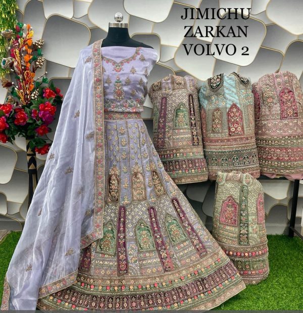 Purnima Sarees Jimichu Zarkan Embroidered Lehenga – Mughal-Inspired Pastel Panels
