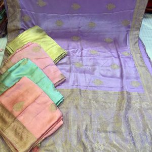 Purnima Sarees Banarasi Soft Silk Saree – Pastel Body with Golden Motif and Grand Border
