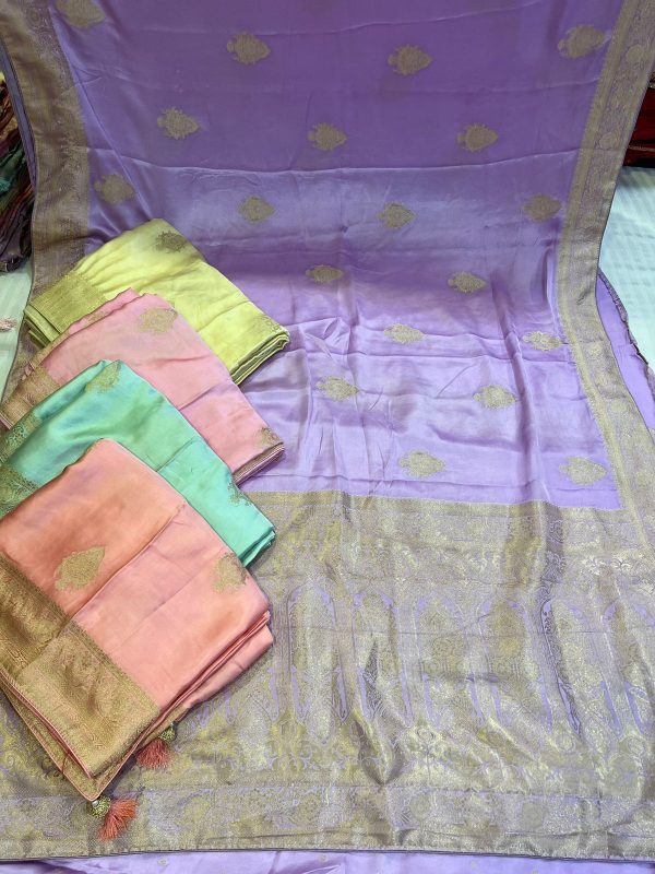 Purnima Sarees Banarasi Soft Silk Saree – Pastel Body with Golden Motif and Grand Border