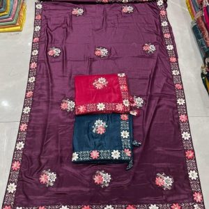 Purnima Sarees Embroidered Soft Silk Saree – Floral Border & Butta Work
