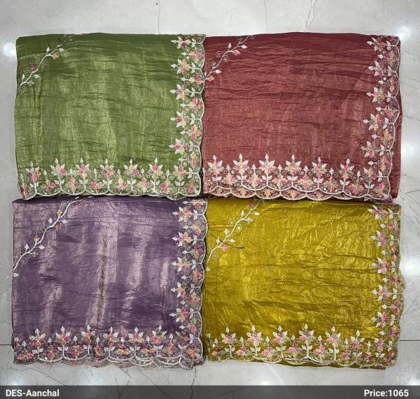 Purnima Sarees Designer Tissue Silk Saree – Floral Embroidery with Scalloped Border