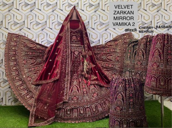 Purnima Sarees Velvet Zarkan Mirror Lehenga – Heavy Bridal Embroidery