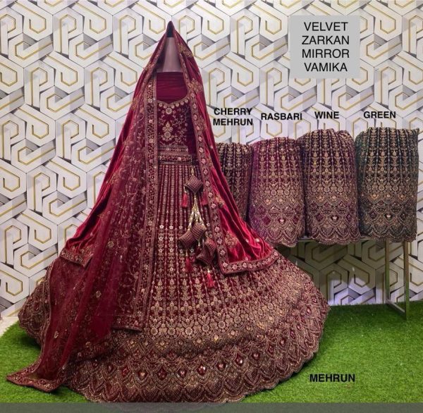 Purnima Sarees Velvet Zarkan Mirror Bridal Lehenga – Heavy Embroidered Vamika Collection