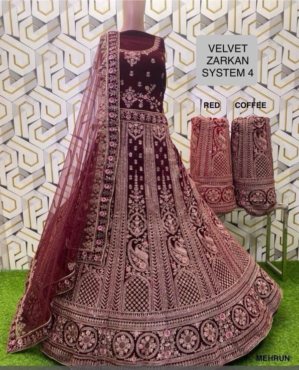 Purnima Sarees Velvet Zarkan Bridal Lehenga – Paisley Motif & Heavy Embroidery (System 4 Collection)