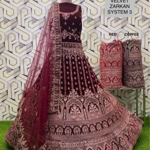 Purnima Sarees Velvet Zarkan Bridal Lehenga – Temple Motif & Fine Embroidery (System 3 Collection)
