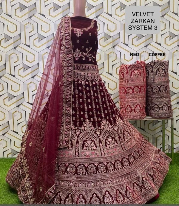 Purnima Sarees Velvet Zarkan Bridal Lehenga – Temple Motif & Fine Embroidery (System 3 Collection)