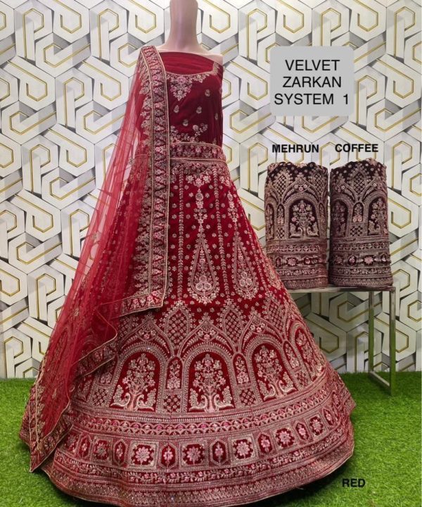 Purnima Sarees Velvet Zarkan Bridal Lehenga – Classic Mughal Panel Work