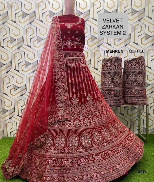 Purnima Sarees Velvet Zarkan Bridal Lehenga – Radiant Floral Panel Work