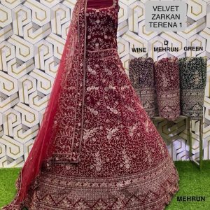 Purnima Sarees Velvet Zarkan Embroidered Bridal Lehenga – Floral Vine Design