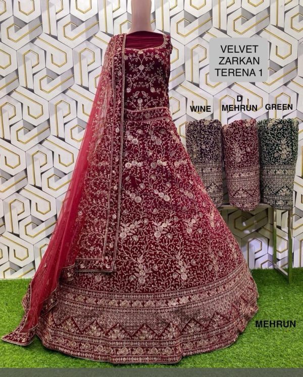 Purnima Sarees Velvet Zarkan Embroidered Bridal Lehenga – Floral Vine Design