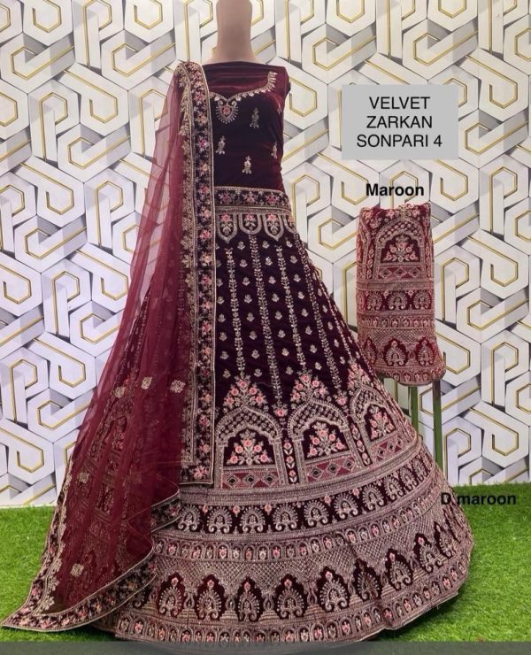 Purnima Sarees Velvet Zarkan Embroidered Bridal Lehenga – Floral Arch Design