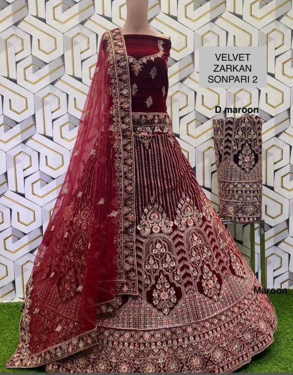 Purnima Sarees Velvet Zarkan Bridal Lehenga – Vertical Embroidery & Floral Arches