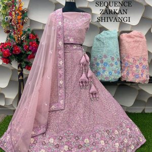 Purnima Sarees Net Zarkan & Sequence Embroidered Lehenga – Pastel Floral Elegance