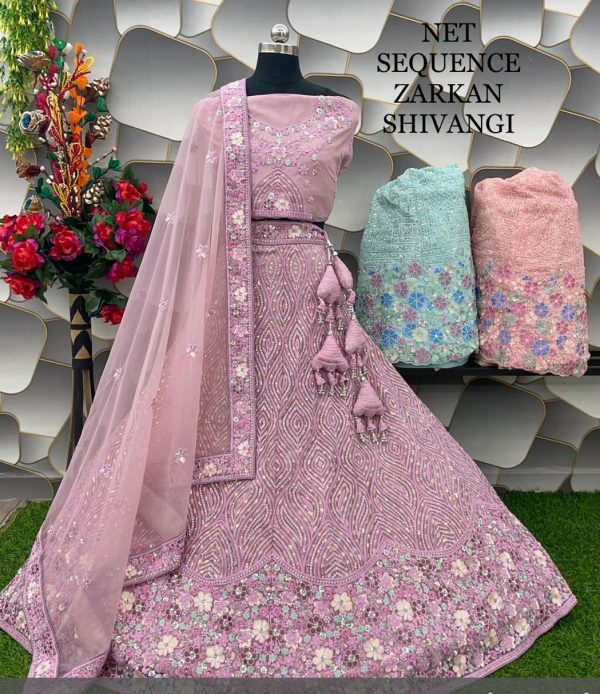 Purnima Sarees Net Zarkan & Sequence Embroidered Lehenga – Pastel Floral Elegance